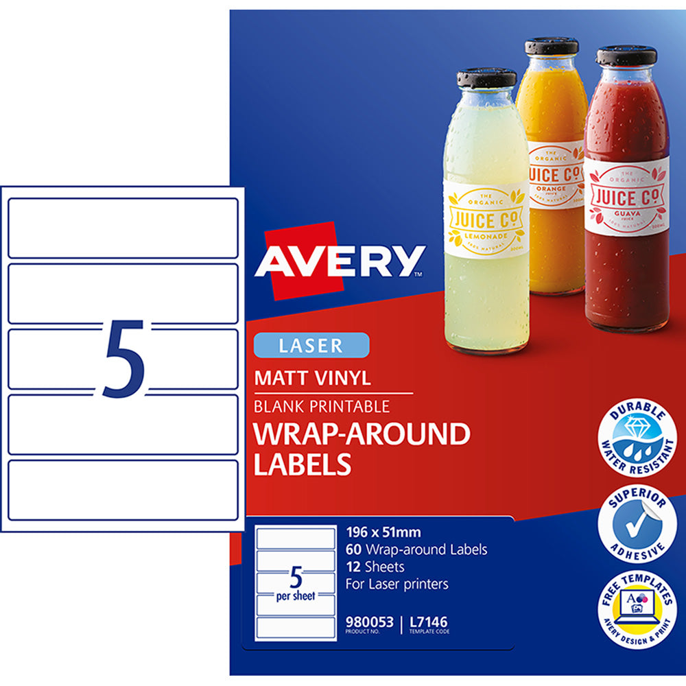 Avery Label L7146 Wrapround White Durable Laser 196x51mm 5up 12 Sheets - Cafe Supply