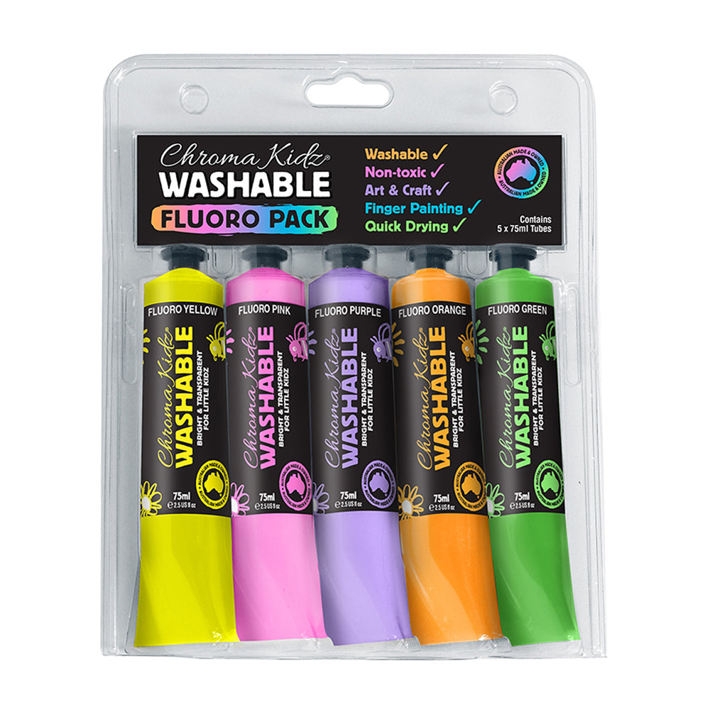 Chroma Kidz Washable Acrylic Fluoro Paint 5 X 75ml Set - Cafe Supply