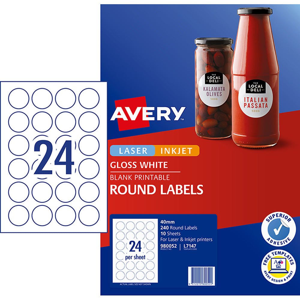 Avery Label L7147 White Gloss Round 40mm 24up 10 Sheets - Cafe Supply