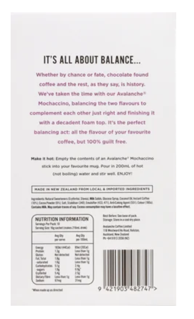 Avalanche 99% Sugar Free Mochaccino Coffee Sticks 10 x 16g - Cafe Supply