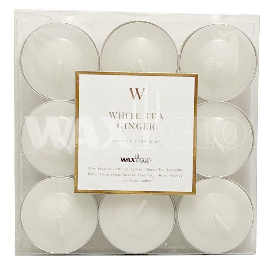 'W' SCENTED RANGE 4 HOUR TEALIGHTS (9pk) - WHITE TEA GINGER - Cafe Supply