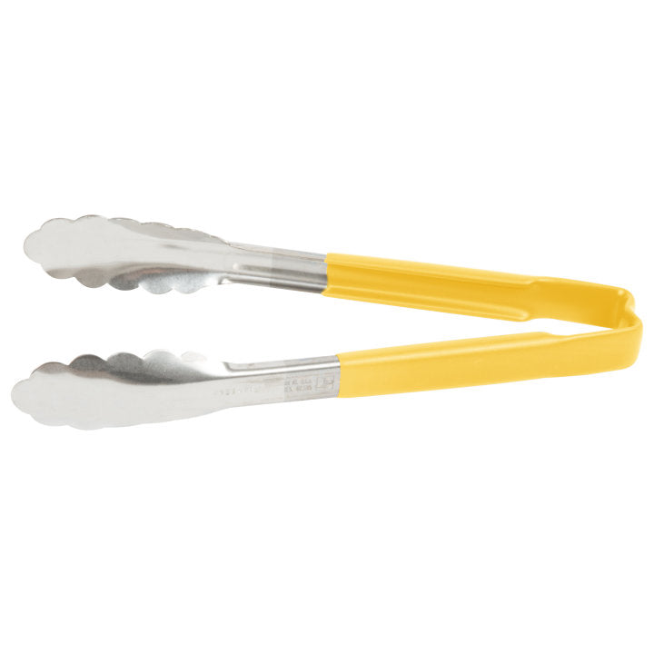 9 ½-inch stainless steel one-piece scalloped tongs with yellow Kool-Touch® handle