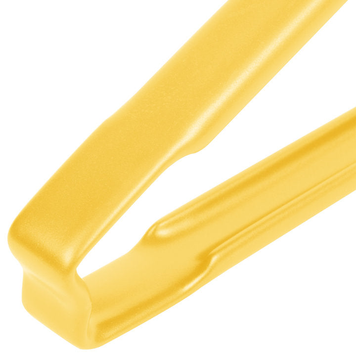 9 ½-inch stainless steel one-piece scalloped tongs with yellow Kool-Touch® handle