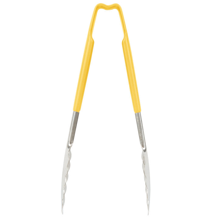 9 ½-inch stainless steel one-piece scalloped tongs with yellow Kool-Touch® handle