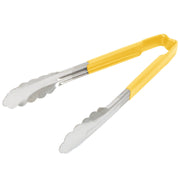 9 ½-inch stainless steel one-piece scalloped tongs with yellow Kool-Touch® handle