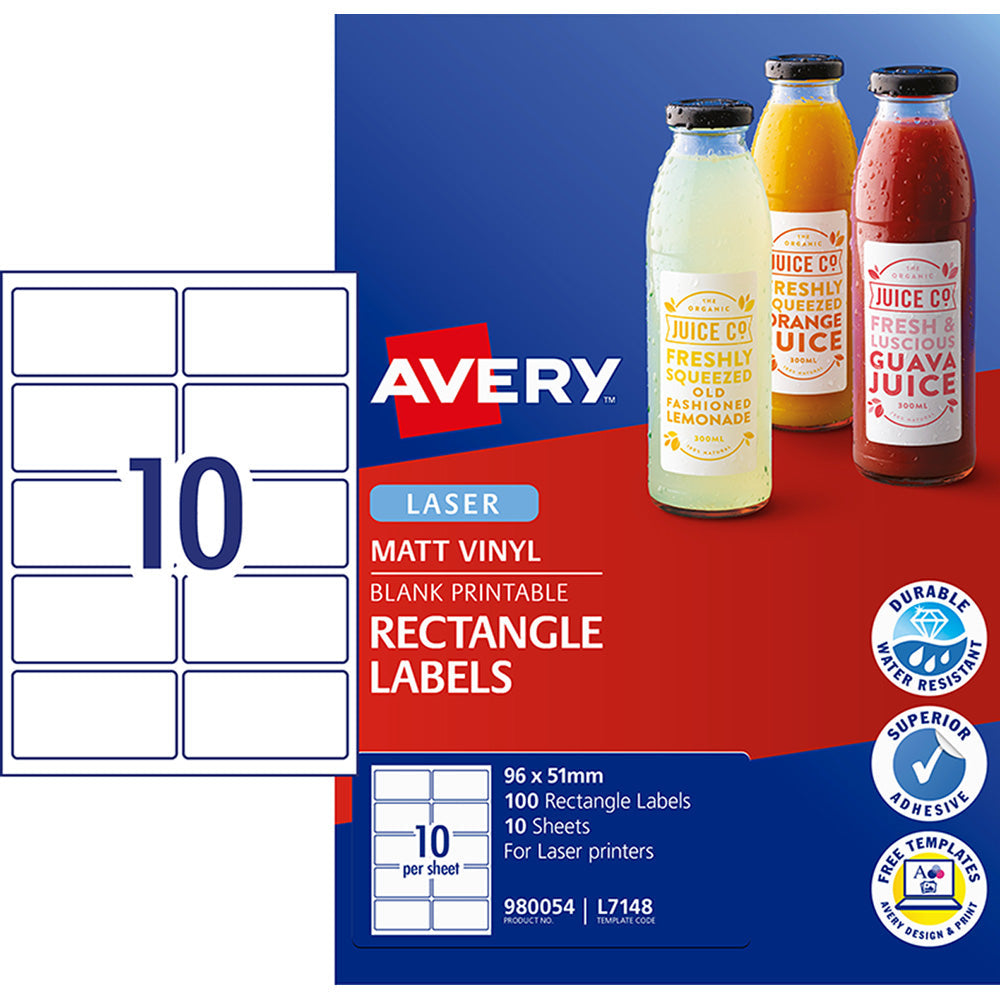 Avery Label Permanent Rectangular L7148 96x51mm 10up 10 Sheets - Cafe Supply