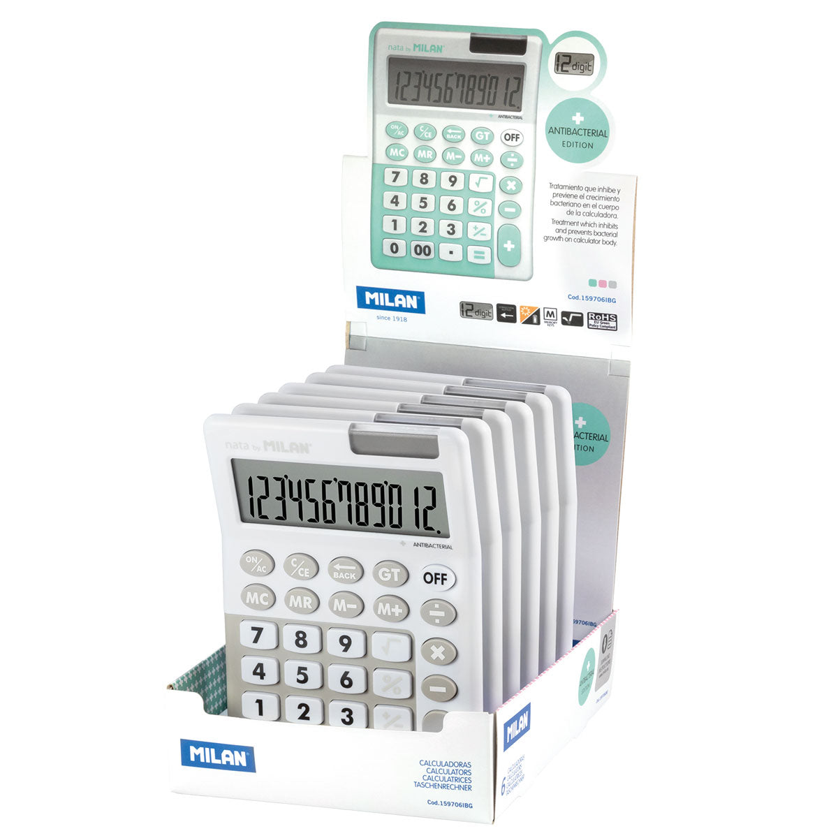 Milan Antibacterial 12 Digit Desk Calculator Assorted Colours - Cafe Supply