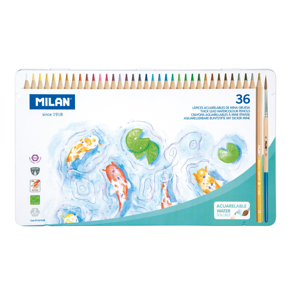 Milan Coloured Pencils Hexagonal Watercolour Metal Box Pack 36 - Cafe Supply