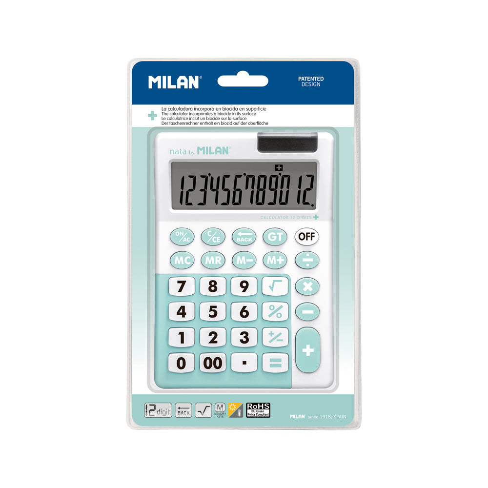 Milan Antibacterial 12 Digit Desk Calculator Hangsell Turquoise - Cafe Supply
