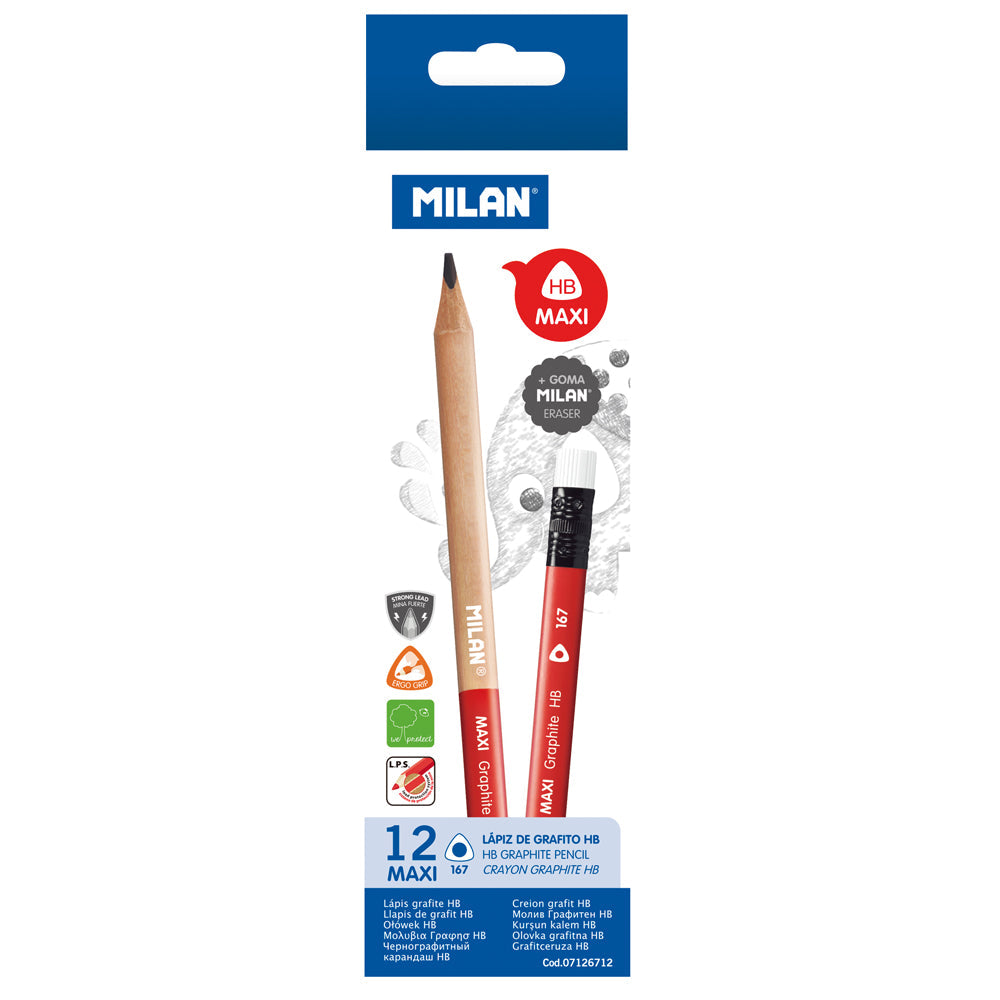 Milan Maxi Graphite Pencils with Eraser HB Pack 12 - Cafe Supply