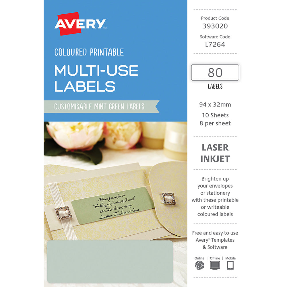 Avery Labels L7264 Mint Green 32x94 A5 8up 10 Sheets - Cafe Supply