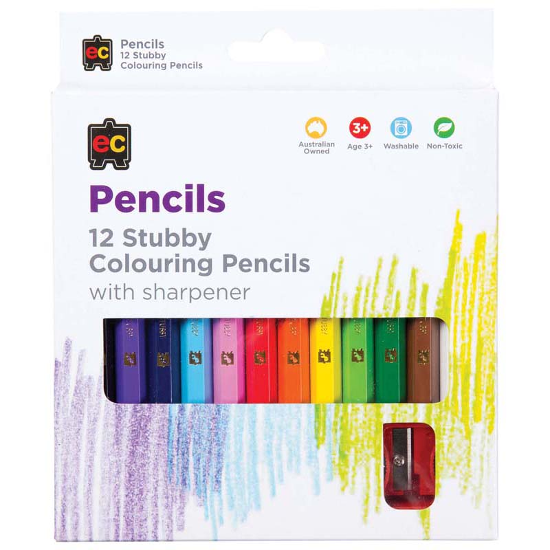 EC Coloured Pencils Stubby 12 Pack Plus Sharpener - Cafe Supply