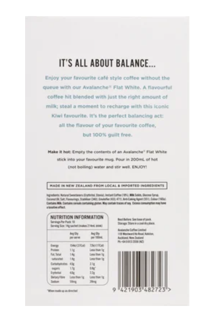 Avalanche 99% Sugar Free Flat White Coffee Sticks 10 x 14g - Cafe Supply