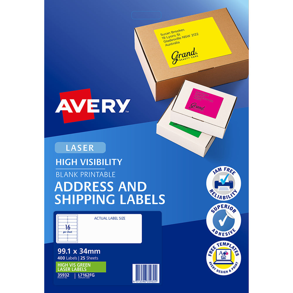 Avery Shipping Label L7162FG Fluoro Green 99.1x34mm 16up 25 Sheets Laser - Cafe Supply