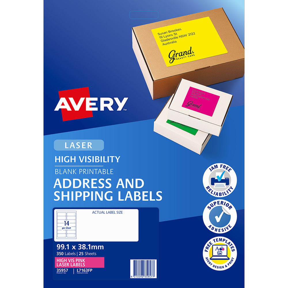 Avery Shipping Label L7163FP Flo Pink Laser 99.1x38.1mm 14up 25 Sheets - Cafe Supply