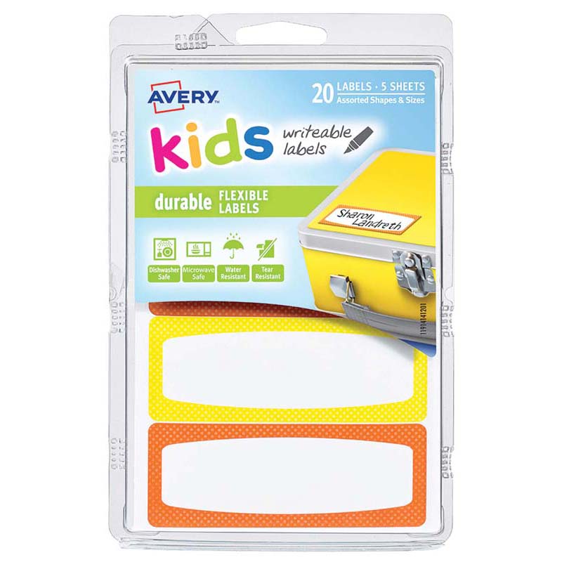 Avery Label Kids Durable Orange Yellow Neon Border 89x32mm 4up 5 Sheets - Cafe Supply