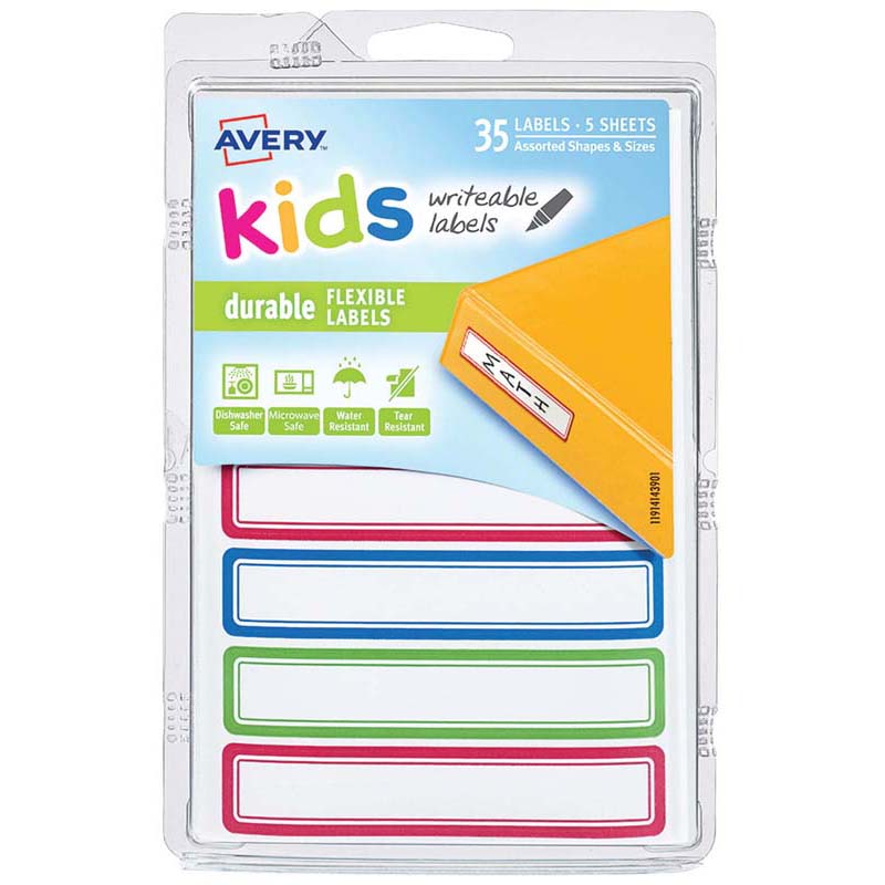 Avery Label Kids Durable Green Blue Red Border 89x16mm 7up 5 Sheets - Cafe Supply