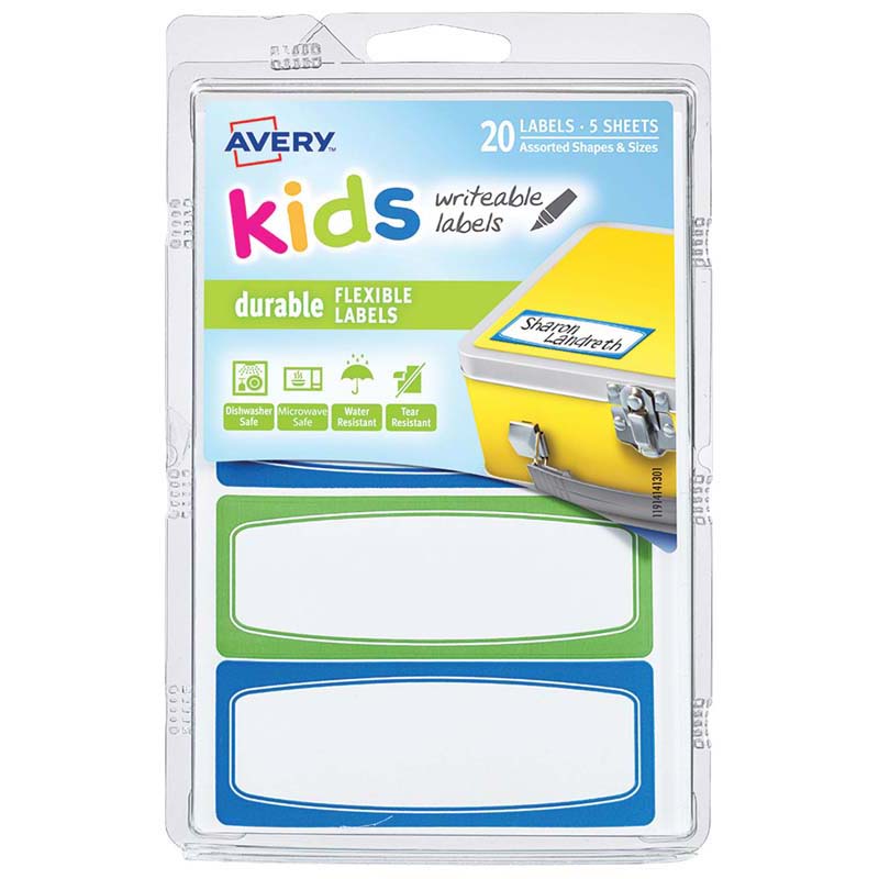 Avery Label Kids Durable Green Blue Border 89x32mm 4up 5 Sheets - Cafe Supply
