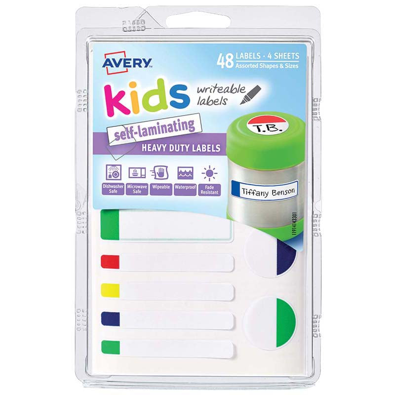 Avery Label Kids Self Laminating Neon Assorted Size And Shape 12up 4 Sheets - Cafe Supply
