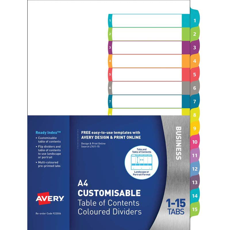 Avery Customisable Table Of Contents A4 1-15 Tabs Coloured L7411-15 - Cafe Supply