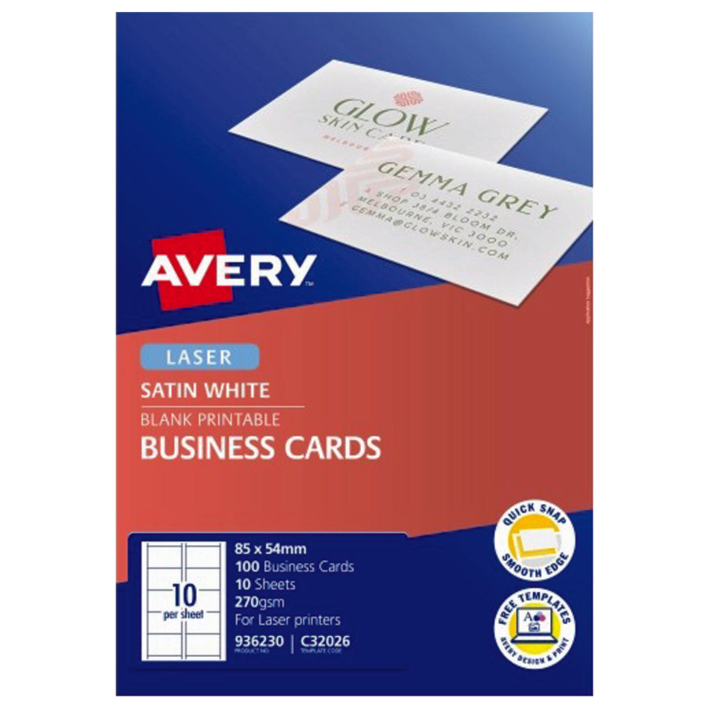 Avery Business Cards Satin Finish 270gsm Laser 10up 10 Sheets - Cafe Supply