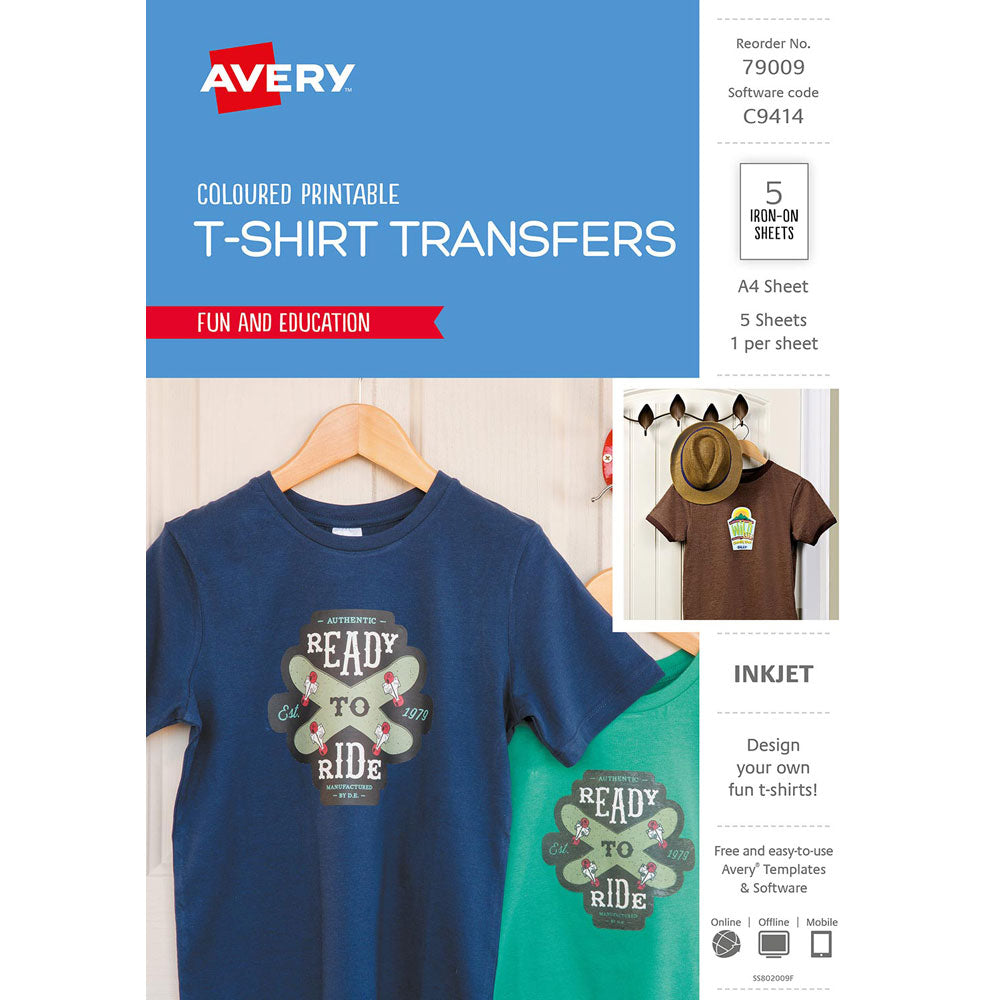 Avery Tshirt Transfer Inspired C9414 A4 Dark Coloured 1up 5 Sheets - Cafe Supply