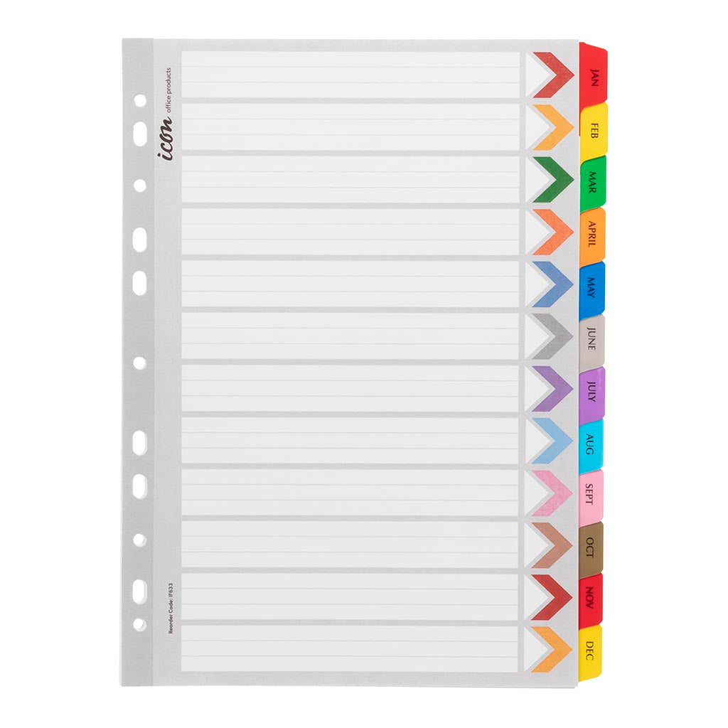 Icon Cardboard Indices with Reinforced Tabs Jan-Dec Coloured