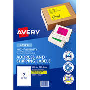 Avery Shipping Label L7168FY Fluoro Yellow Laser 199.6x143.5mm 2up 10 Shts - Cafe Supply