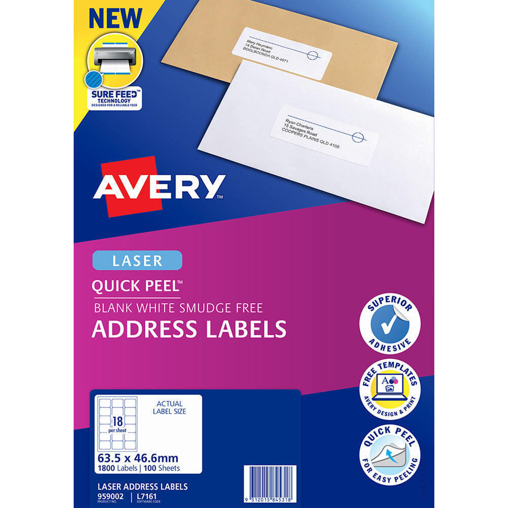 Avery Label L7161-100 Laser 18up 100 Sheets 63x46mm - Cafe Supply
