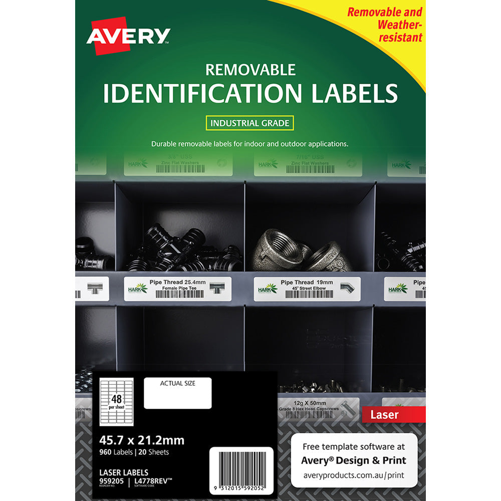 Avery Weather Resistant Removable Label L4778 Laser 45.7x21.2mm White 48up 20 Sheets - Cafe Supply