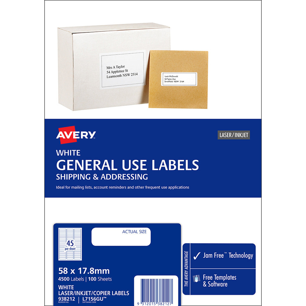 Avery Label L7156 General Use 58x17.8mm 45up 100 Sheets - Cafe Supply