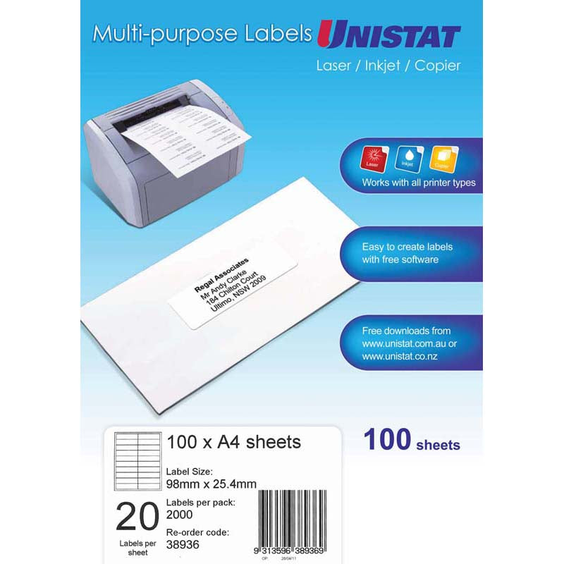 Unistat Label DL 20up 98x25.4 20up 100 Sheets - Cafe Supply