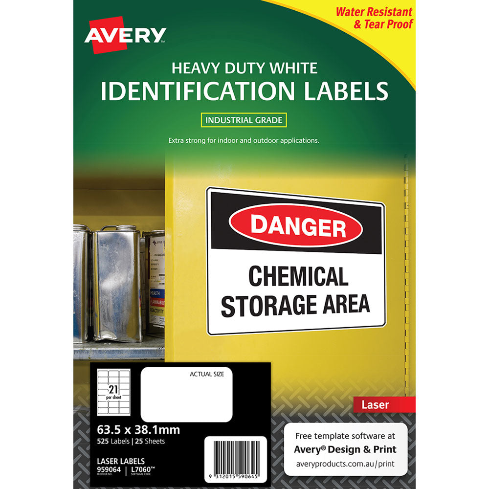 Avery Heavy Duty ID Label L7060 White Laser 63.5x38.1mm 21up 25 Sheets - Cafe Supply