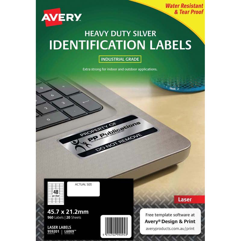 Avery Heavy Duty ID Label L6009 Silver Laser 47.5x21.2mm 48up 20 Sheets - Cafe Supply