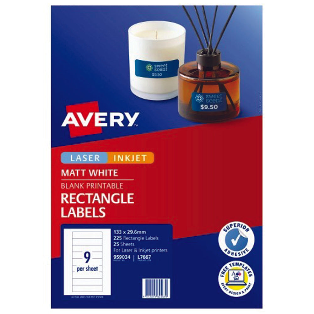Avery Multi Purpose Label L7667 White Laser Inkjet 9 Up 25 Sheets - Cafe Supply