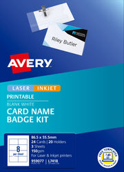 Avery Card Name Badges Kit 86.5x55.5mm 8up 3 Sheets Inkjet Laser L7418 - Cafe Supply