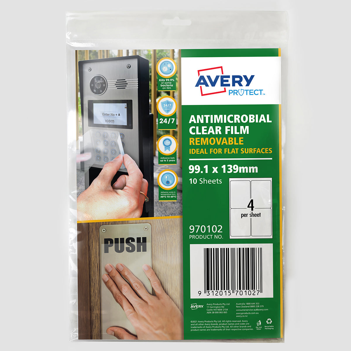 Avery Protect Anti-Microbial Film Removable A4 4up 10 Sheets 139x99mm - Cafe Supply