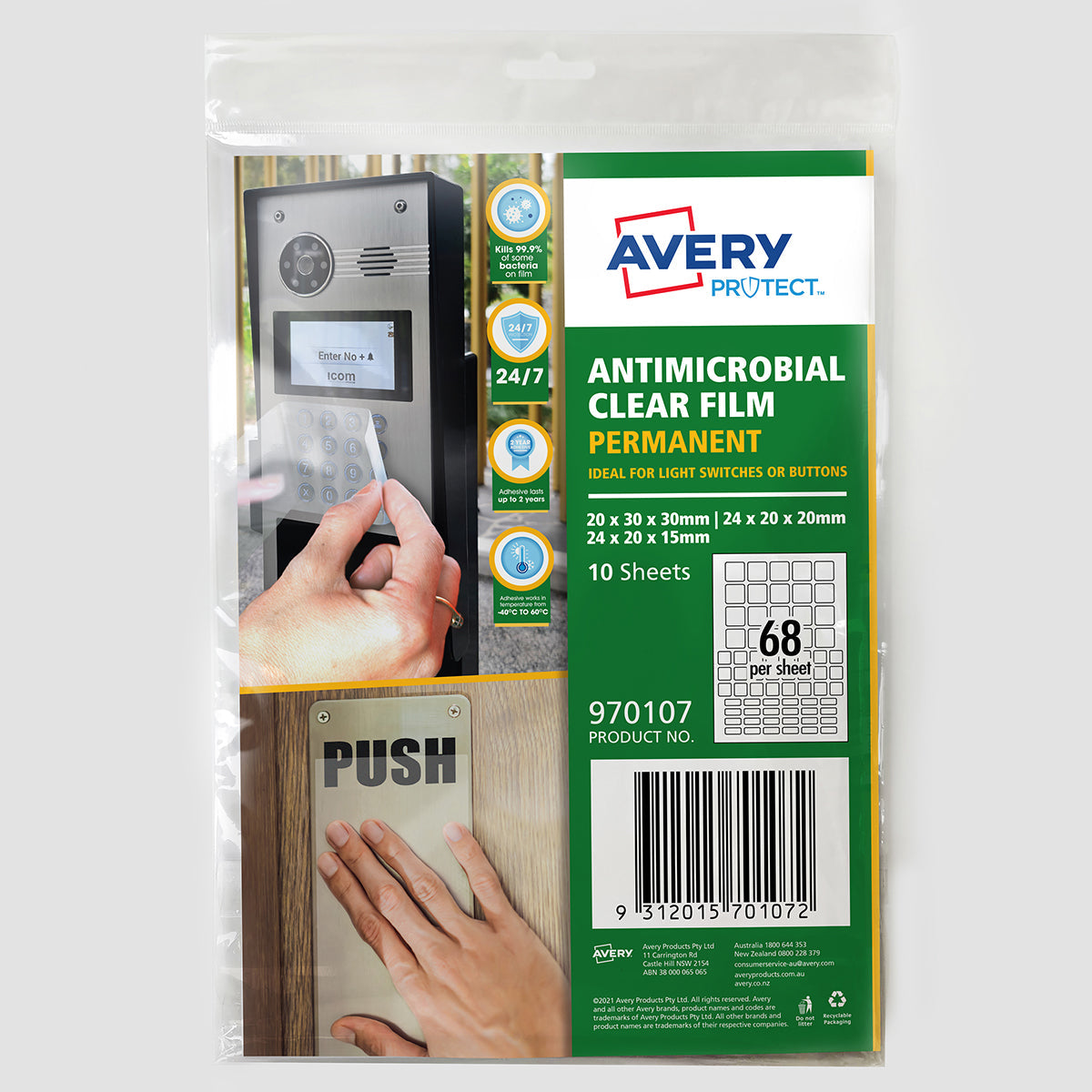 Avery Protect Anti-Microbial Film Permanent Mixed Squares A4 68up 10 Sheets - Cafe Supply