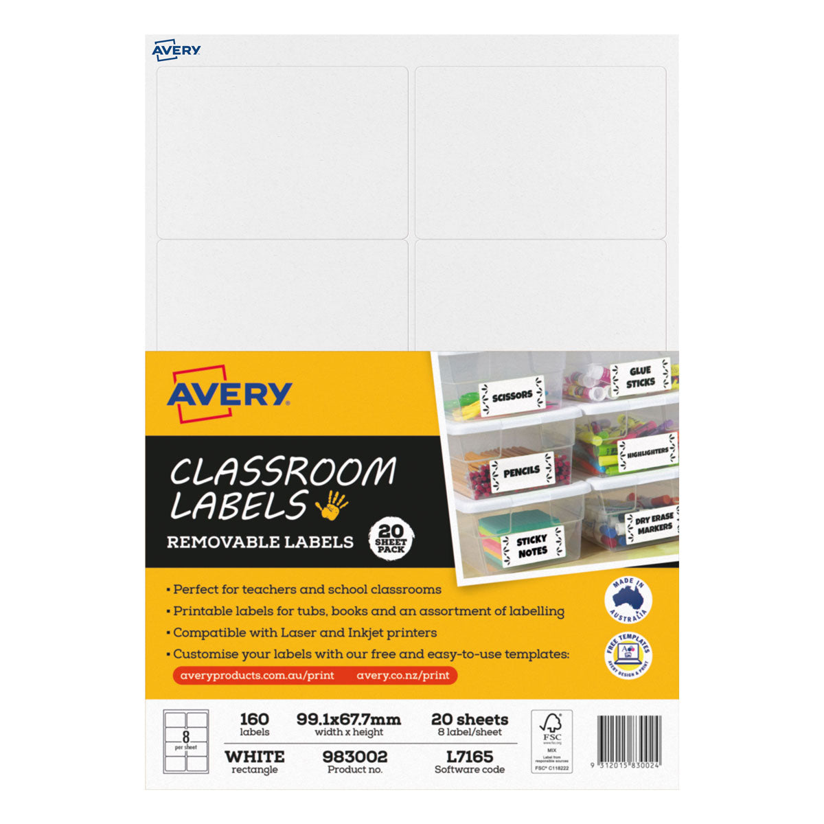 Avery Classroom Labels 8up 20 Sheets L7165 - Cafe Supply