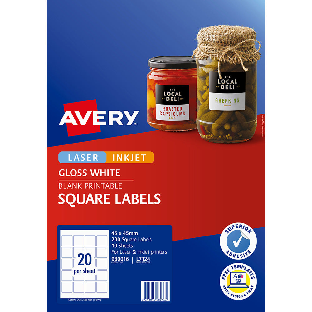 Avery Square Glossy Labels L7124 10 Sheets 20up 45x45mm - Cafe Supply