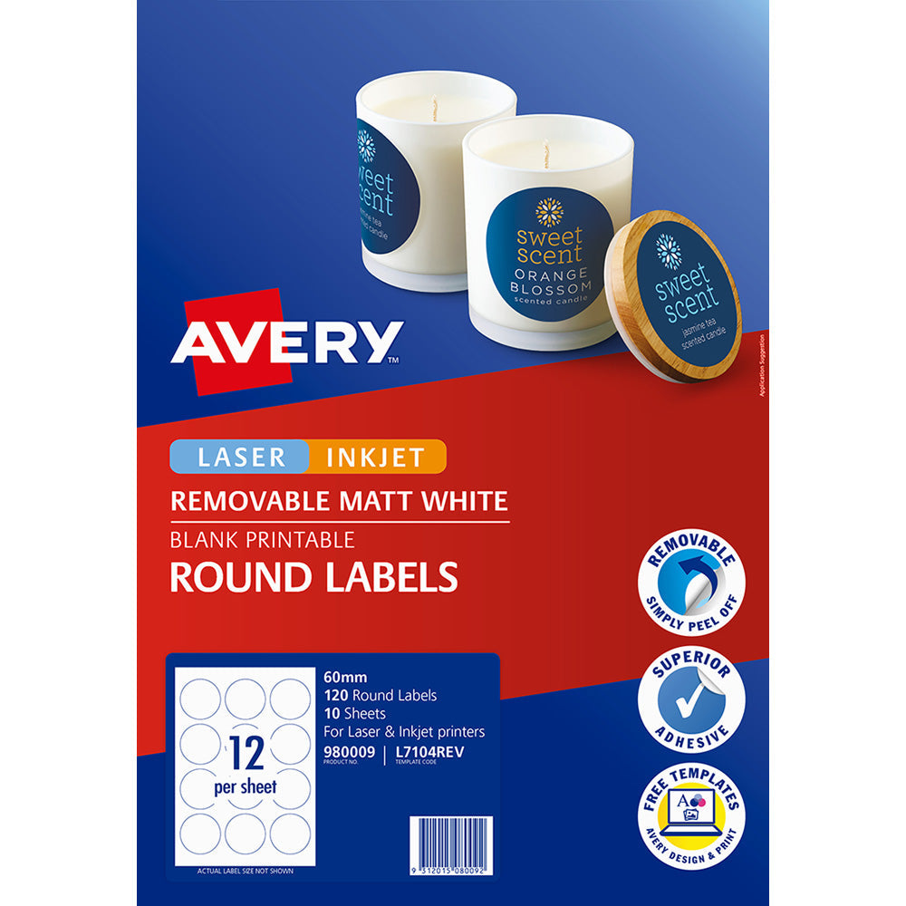 Avery Label L7104REV Round White 60mm 12up 10 Sheets - Cafe Supply