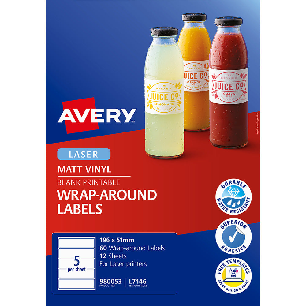 Avery Label L7146 Wrapround White Durable Laser 196x51mm 5up 12 Sheets - Cafe Supply