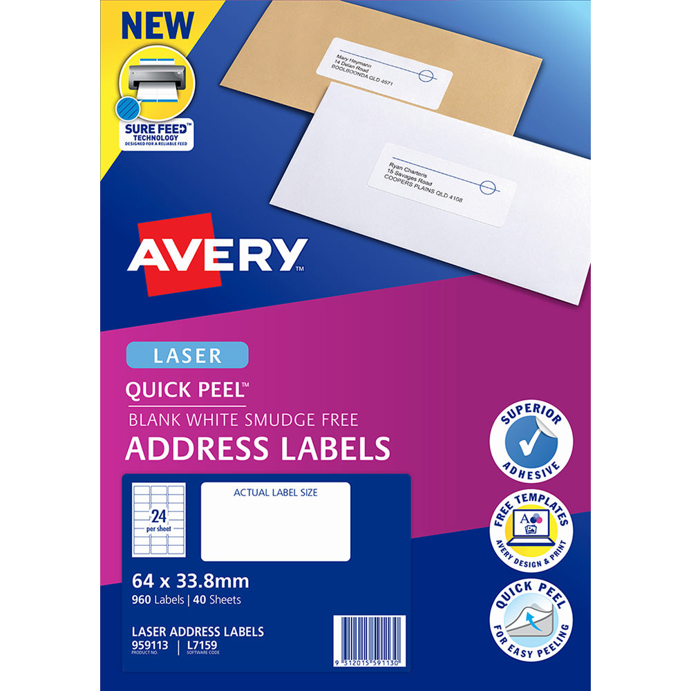 Avery Quick Peel Address Labels L7159 White 64x33.8 24up 40 Sheet - Cafe Supply