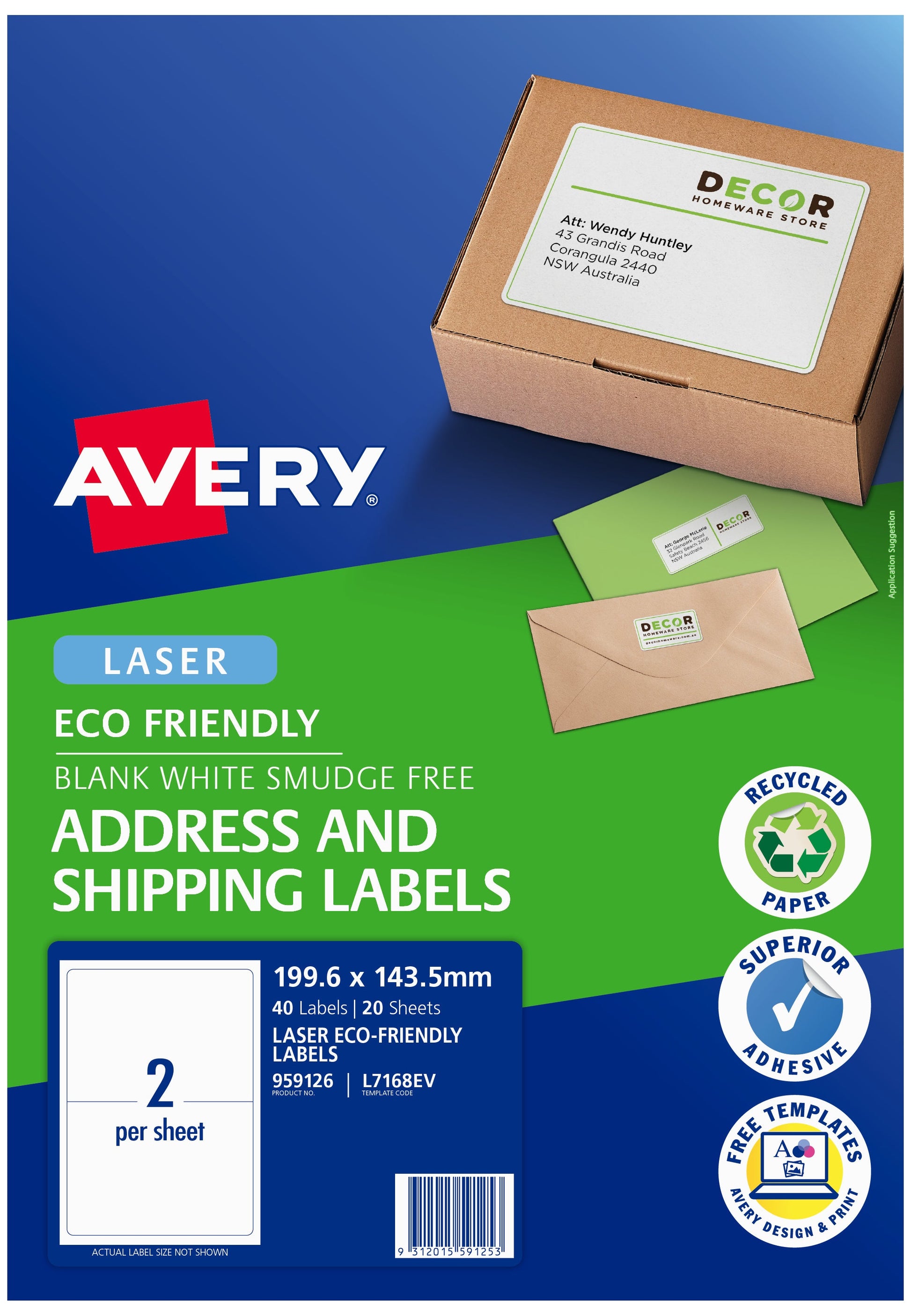 Avery Eco Friendly Address Labels 199.1x143.5mm 2up 20 Sheets L7168EV - Cafe Supply