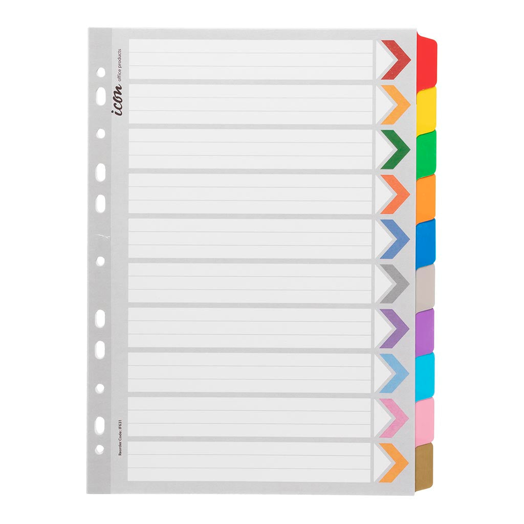 Icon Cardboard Dividers with Reinforced Tabs 10 Tab Coloured