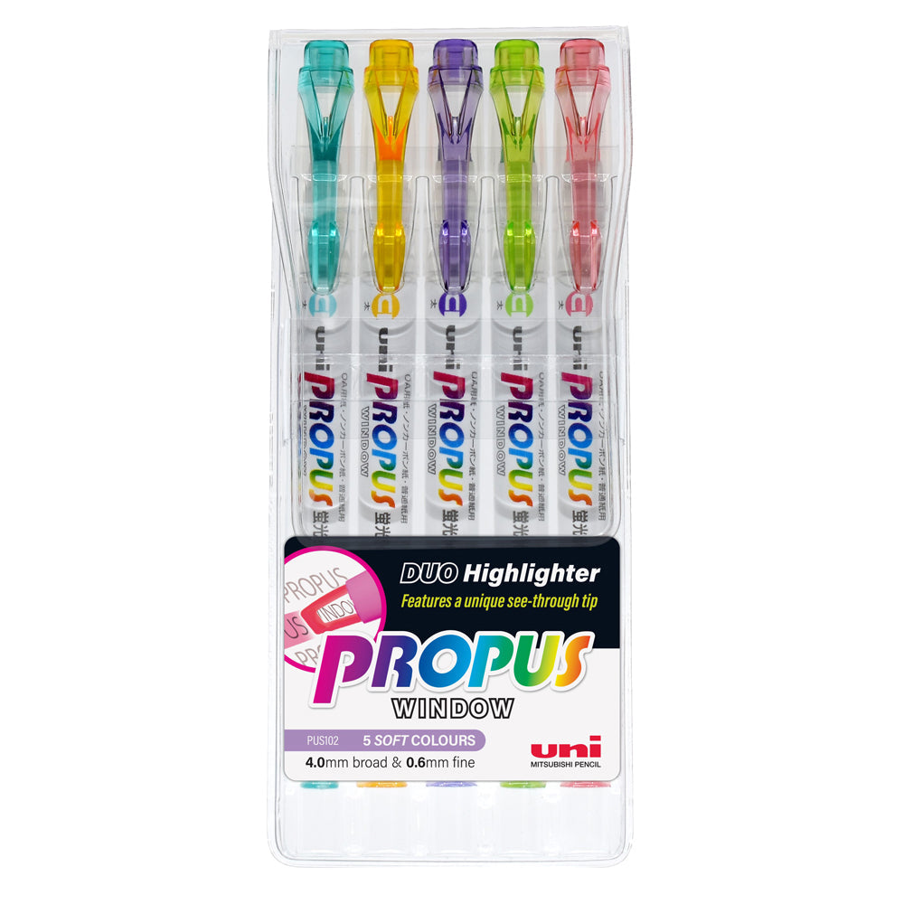 Uni Propus Window Double-Ended Highlighter 4.0mm/0.6mm Pastel 5 Pack - Cafe Supply