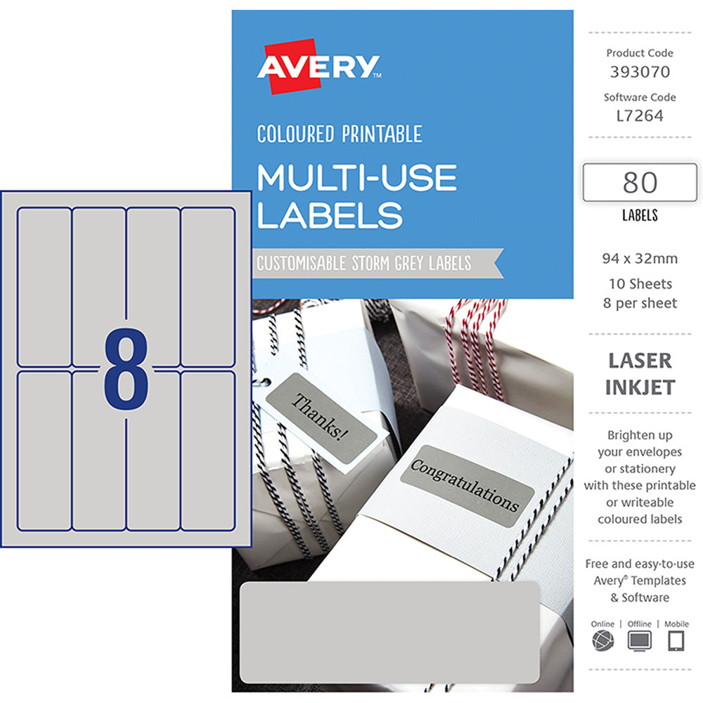 Avery Labels L7264 Storm Grey 32x94 A5 8up 10 Sheets - Cafe Supply