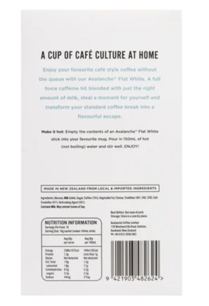 Avalanche Cafe Style Flat White Coffee Sticks 10 x 16g - Cafe Supply