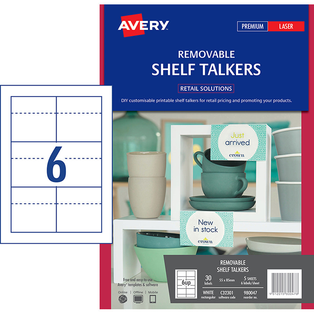 Avery Shelf Talkers C32301 Removable 55x85mm 6up 5 Sheets - Cafe Supply