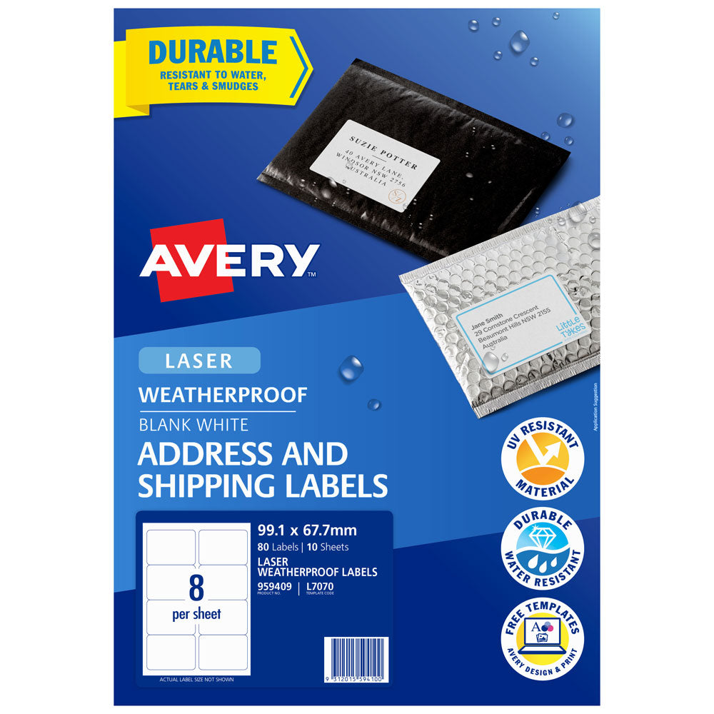 Avery Weatherproof Label L7070 99.1mmx67.7mm 8up 10 Sheets - Cafe Supply